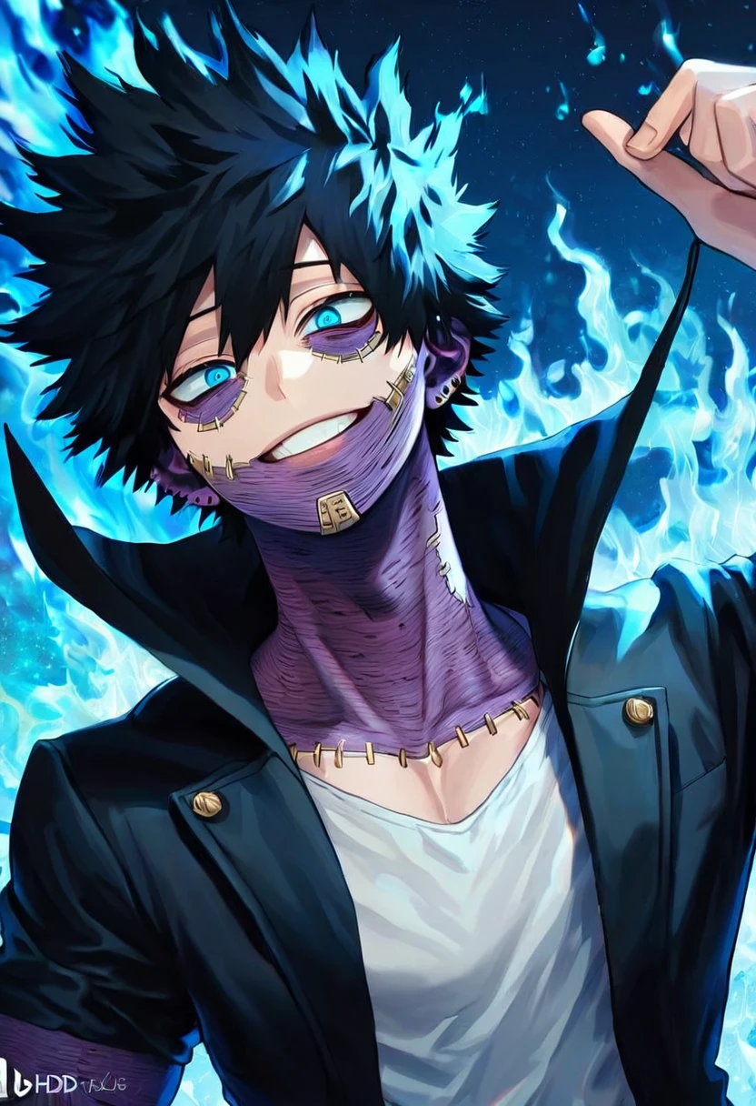 absurdres, highres, ultra detailed, HDR, master piece, best quality, extremely detailed face, delicated features, Dabi, black hair, expressive turquoise eyes, Boku No Hero Academia, sexy man, solo, handsome, smiling, black coat with high collar, white T-shirt, fantasy, magical, blue fire, starry sky, blue lights, blue flames background, blue background