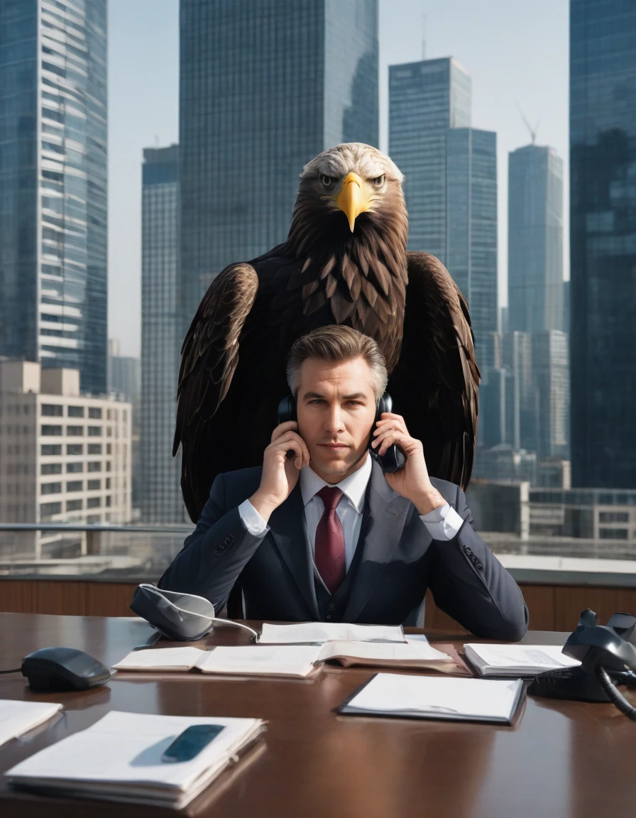 Eagle-headed man in suit talking on the phone,The background is a high-rise office
