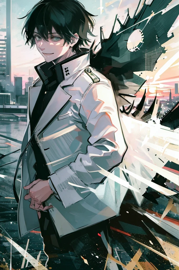 young man, black medium hair, green eyes, smiling, medium hair, wearing a pure white trench coat, wearing black pants, in one city, 4k, detailed, sui ishida art style, detailed eyes, in a sunset city
