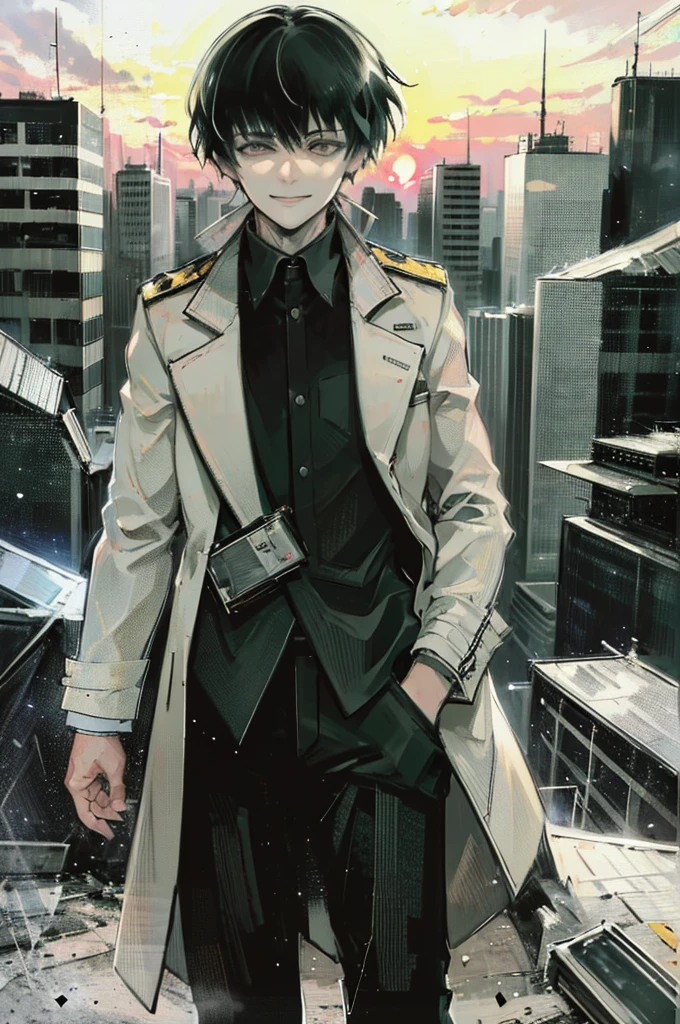 young man, black medium hair, green eyes, smiling, medium hair, wearing a pure white trench coat, wearing black pants, in one city, 4k, detailed, sui ishida art style, detailed eyes, in a sunset city