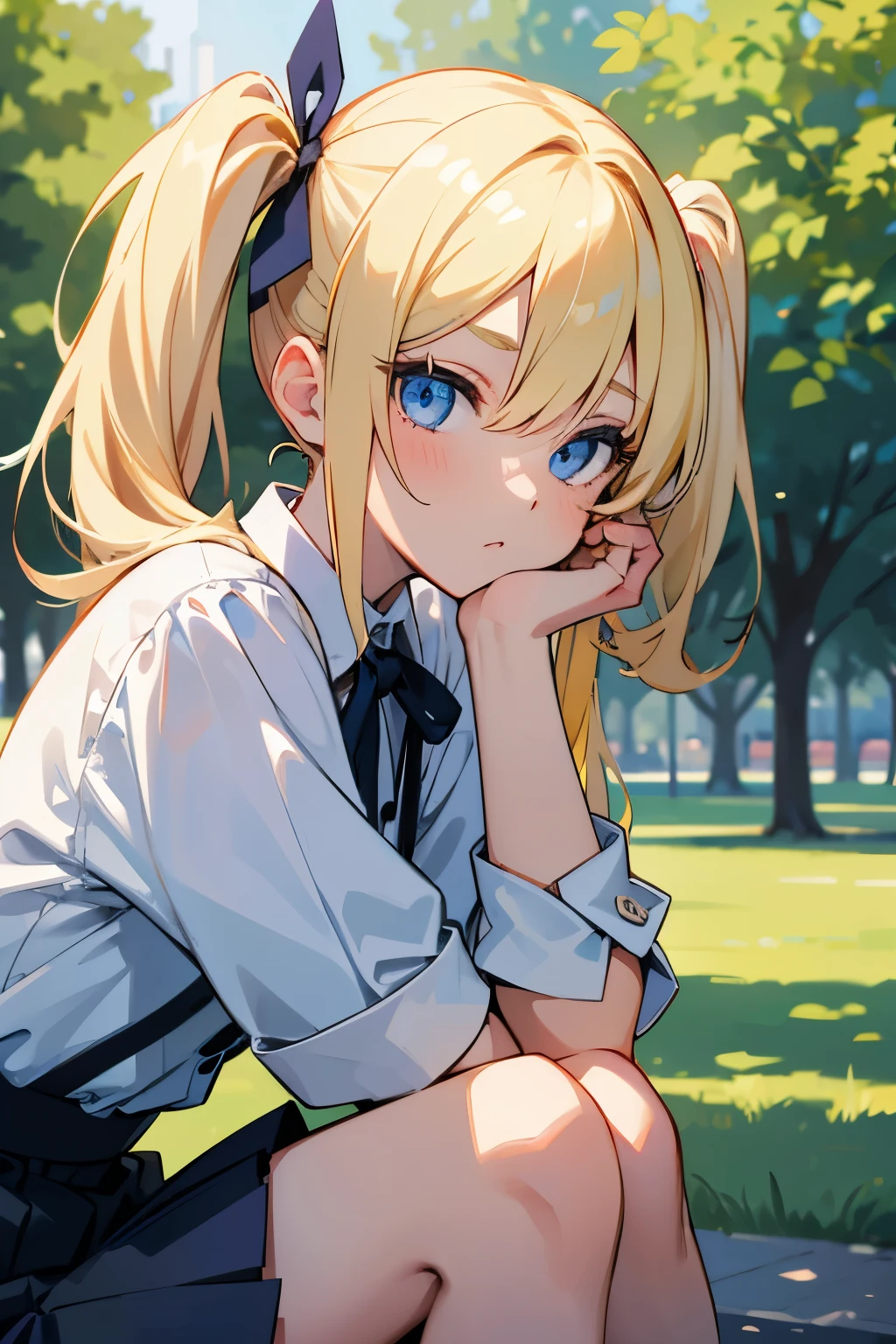 1girl, blonde hair, blue eyes, twintail, hair ribbon, detailed face, detailed eyes, sitting, leaning forward, head rest, elbow on the knee, outdoor, in the park, bokeh, masterpiece, best quality, super detail