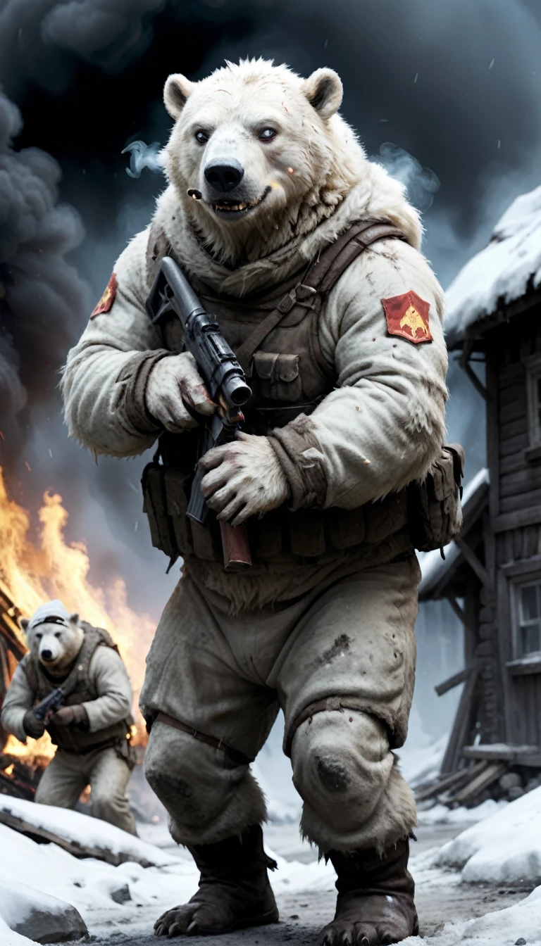 A fully armed army of winter humanoid polar bear soldiers, Dilapidated, Raid a village in the dark, fire, smokes, explode, Tracer, Lenses, Dead people, Body parts, 动作Lenses, In motion, 8K, Ultra HD, Digital SLR Camera, insane detailed, Award-winning photos, (Dark scenes), miscellaneous,Long-distance shooting,The picture is farther away
