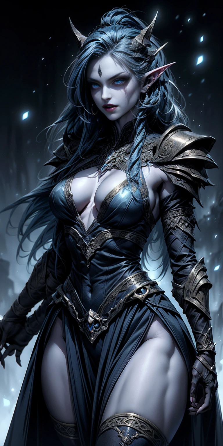 In a seamless blend of features, she possesses blue-azure skin, sharp elf-like ears, and a toned, athletic build. Her prominent fangs and piercing, icy-blue eyes add to her striking appearance. Dark blue hair cascades gracefully to her shoulders. Clad in fully enclosed attire, her outfit is predominantly azure with intricate brown accents and mystical engravings, evoking a medieval fantasy style. Broad, spiked pauldrons, reinforced gauntlets, and sturdy greaves complete her ensemble, highlighting a balance of elegance and otherworldly grac