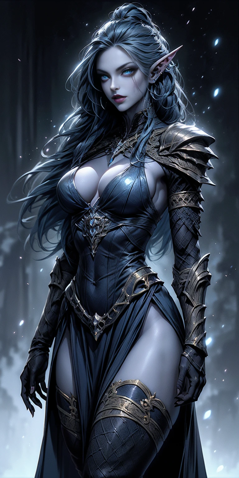 In a seamless blend of features, she possesses blue-azure skin, sharp elf-like ears, and a toned, athletic build. Her prominent fangs and piercing, icy-blue eyes add to her striking appearance. Dark blue hair cascades gracefully to her shoulders. Clad in fully enclosed attire, her outfit is predominantly azure with intricate brown accents and mystical engravings, evoking a medieval fantasy style. Broad, spiked pauldrons, reinforced gauntlets, and sturdy greaves complete her ensemble, highlighting a balance of elegance and otherworldly grac