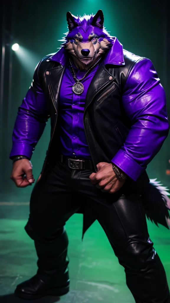 a large muscular anthropomorphic wolf with black leather jacket, black leather pants, purple fedora, green right eye, purple left eye, purple bowtie, hyper detailed, photorealistic, 8k, masterpiece, cinematic lighting, dramatic colors, realistic textures, powerful expression, dynamic pose