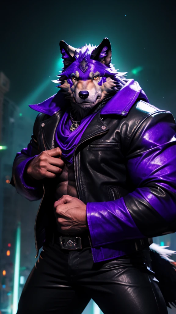 a large muscular anthropomorphic wolf with black leather jacket, black leather pants, purple fedora, green right eye, purple left eye, purple bowtie, hyper detailed, photorealistic, 8k, masterpiece, cinematic lighting, dramatic colors, realistic textures, powerful expression, dynamic pose