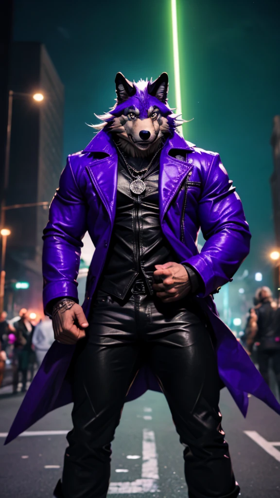 a large muscular anthropomorphic wolf with black leather jacket, black leather pants, purple fedora, green right eye, purple left eye, purple bowtie, hyper detailed, photorealistic, 8k, masterpiece, cinematic lighting, dramatic colors, realistic textures, powerful expression, dynamic pose