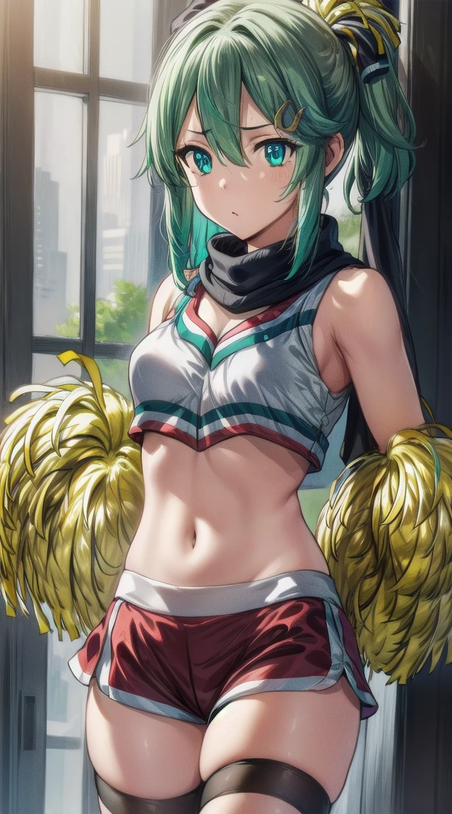 1girl,
BREAK ((1girl, sinon1, scarf, long sleeves, short shorts, hair ornament, hairclip, green thighhighs, green jacket, thigh strap, hand on hip:1))
BREAK ((cheerleader:1.4))
BREAK indoors,
BREAK looking at viewer, 
BREAK (masterpiece:1.2), best quality, high resolution, unity 8k wallpaper, (illustration:0.8), (beautiful detailed eyes:1.6), extremely detailed face, perfect lighting, extremely detailed CG, (perfect hands, perfect anatomy),