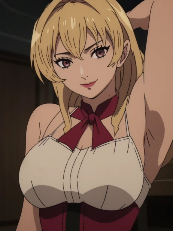 Best quality, masterpiece, ultra high res, 1girl, sexy, in the dark, deep shadow, low key, cold light, milf, blonde hair, dynamic light, cinematic lighting, cinematic lighting, down blouse, mature woman, middle parted hair, natural breast, full body,upper body, milf, elinalise, simple smile, armpits visible, detailed armpits