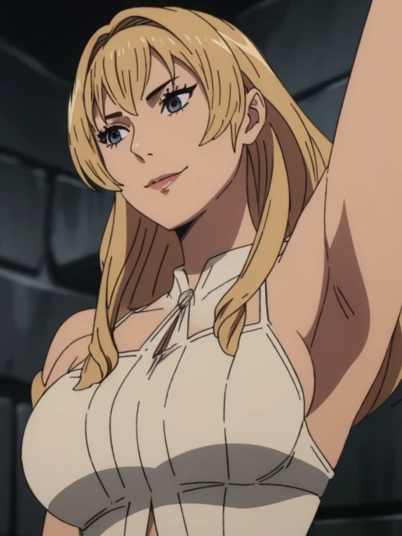 Best quality, masterpiece, ultra high res, 1girl, sexy, in the dark, deep shadow, low key, cold light, milf, blonde hair, dynamic light, cinematic lighting, cinematic lighting, down blouse, mature woman, middle parted hair, natural breast, full body,upper body, milf, elinalise, simple smile, armpits visible, detailed armpits