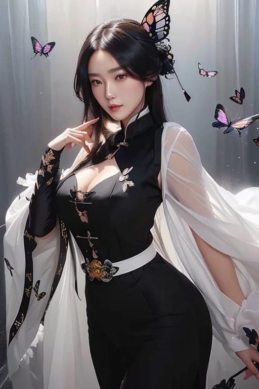 a woman in a black outfit with a butterfly headband and a cape, by Yang J, guweiz, style artgerm, ruan jia and artgerm, artwork in the style of guweiz, ig model | artgerm, ! dream artgerm, style of artgerm, full body xianxia