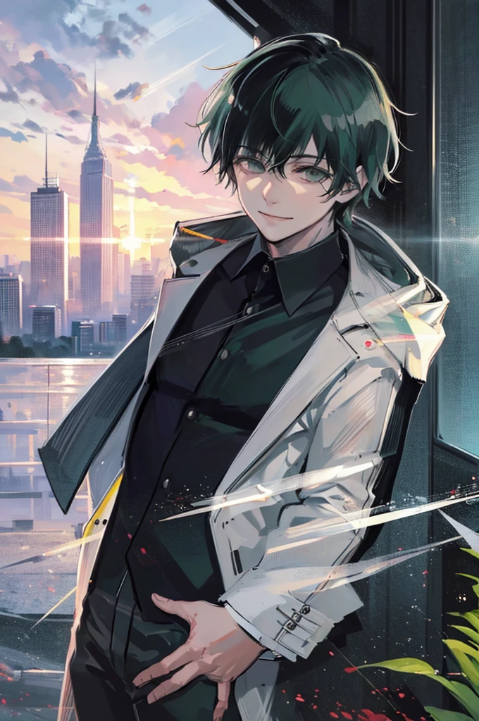 young man, black medium hair, green eyes, smiling, medium hair, wearing a pure white trench coat, wearing black pants, in one city, 4k, detailed, sui ishida art style, detailed eyes, in a sunset city
