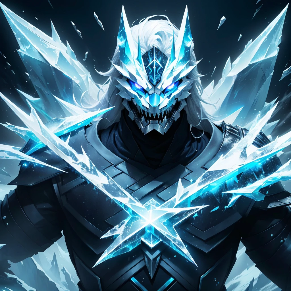 There is a man with ice claws and a mask that has lion fangs on., iconic character welcome art, dueling style, scary sharp icy, ice lord, official welcome art, this character has cryokinesis, league of legends welcome art, character welcome art, ice master, silver ice-colored reflected armor, trueno fractal Dan Mumford, god of winter, Winter concept art