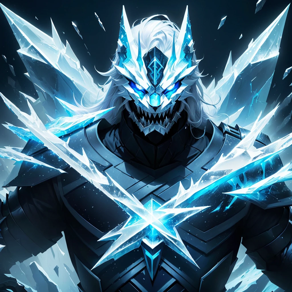 There is a man with ice claws and a mask that has lion fangs on., iconic character welcome art, dueling style, scary sharp icy, ice lord, official welcome art, this character has cryokinesis, league of legends welcome art, character welcome art, ice master, silver ice-colored reflected armor, trueno fractal Dan Mumford, god of winter, Winter concept art