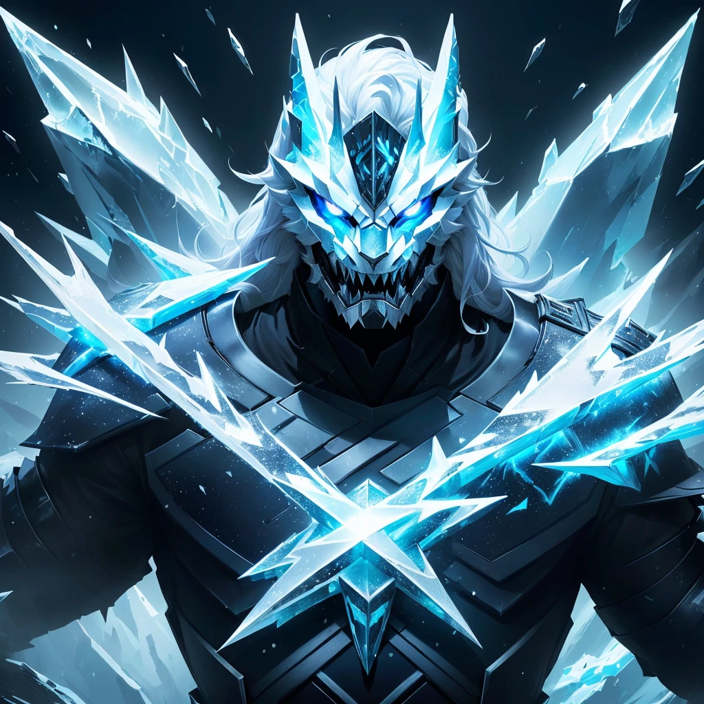 There is a man with ice claws and a mask that has lion fangs on., iconic character welcome art, dueling style, scary sharp icy, ice lord, official welcome art, this character has cryokinesis, league of legends welcome art, character welcome art, ice master, silver ice-colored reflected armor, trueno fractal Dan Mumford, god of winter, Winter concept art