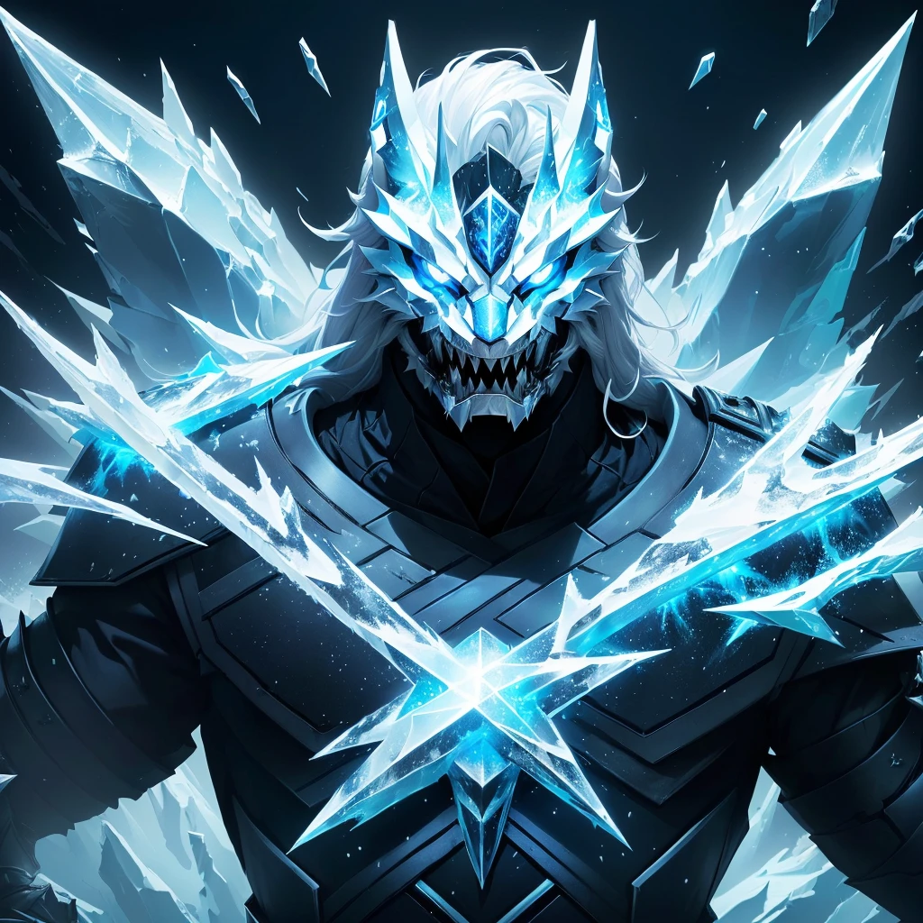 There is a man with ice claws and a mask that has lion fangs on., iconic character welcome art, dueling style, scary sharp icy, ice lord, official welcome art, this character has cryokinesis, league of legends welcome art, character welcome art, ice master, silver ice-colored reflected armor, trueno fractal Dan Mumford, god of winter, Winter concept art