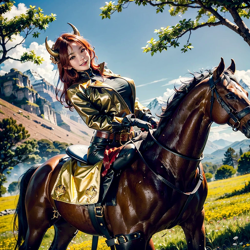 a young Korean woman with golden eyes and lush red hair and large horns, wet bronze skin, a huge chest, a predatory grin, a smile, dressed in a red coat stained with blood and dirt with black fur and rolled up sleeves, heavy golden armor, a wide leather red belt with a large golden yarn, black leather pants, leather gloves, gallops on a horse loaded with bags across a flower meadow against the backdrop of high mountains and forests,