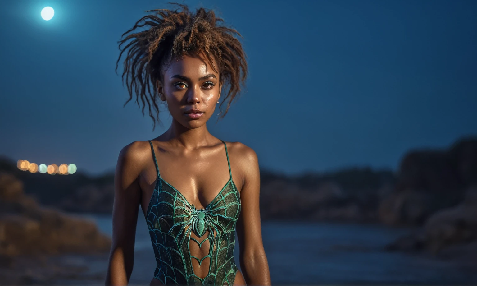 full body length,spidergirl of Euchlorine,babygirl,native african,intricate details,realistic humid skin,extremely intricate,Epic Realistic, Romantic, cinematic style,irina yermolova, messy hair,luminous eyes,extremely detailed, [night landscape],masterpiece,intricate details,faded,eyes extremely detailed, high detailed eyes,4k resolution,RAW, Nikon Z9,photosnap in action,nudity