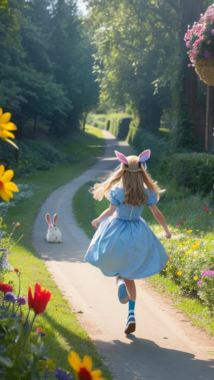 Alice in Wonderland is chasing the bunny girl,