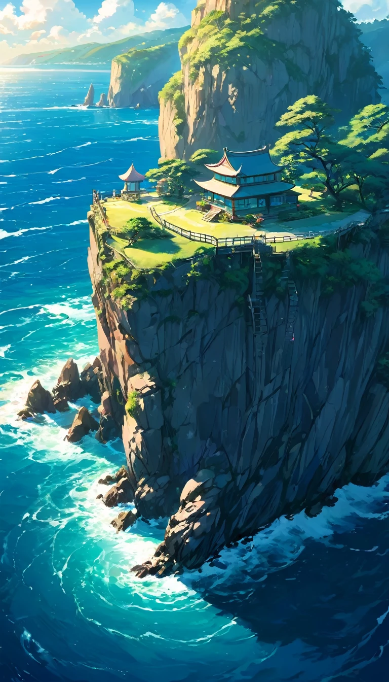 The ocean is right in front of you、Tropics、Ocean、ocean shore、cliff、Bungalow、Resort、turquoise blue、Emerald green、sunshine、water surface、rock、cloud、blue sky、buzzer、Paradise、beautiful、vivid、nature、trip、vacations、beautiful Anime Scenery, Landscape painting, Lighthouse, Beautiful digital painting, andreas rocha, Beautiful artwork illustration, Awesome Wallpapers, Raymond Han, tall beautiful painting, Studio Greebly New Ocean Makoto, Beautiful Wallpaper, Anime Scenery