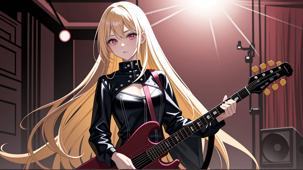 adult woman, pink eyes, long blonde hair, black leather, guitar