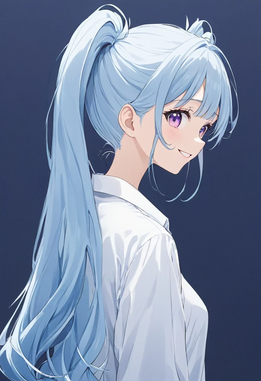 Cute light blue hair with light purple ends. An anime girl with double ponytails and long hair wearing a white fir shirt looking back and smiling. A happy and lively character standing on a simple abstract dark blue background, close-up.( perfect anatomy )
Beautiful and extremely fine texture,detailed, bright, High-quality animation style presentation