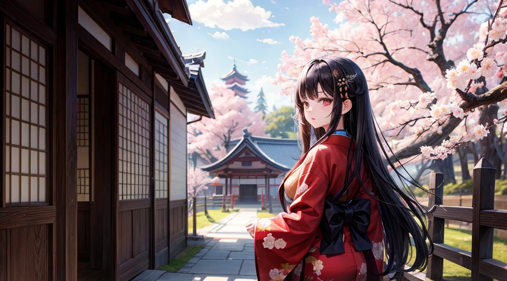 One girl, Long black hair, Eye color is brown, Wearing a beautiful Japanese kimono, Cherry tree, Traditional buildings, High resolution, Super sharp, 8K, masterpiece, View your viewers