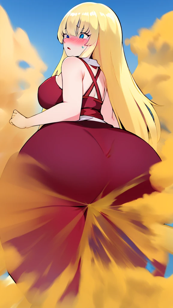 ((best quality)), ((highly detailed)), absurdres, (detailed eyes, deep eyes), (1girl), dynamic pose, very long hair, large breasts, surprised, blushing, showing butt to viewer, (outside) bbcchan