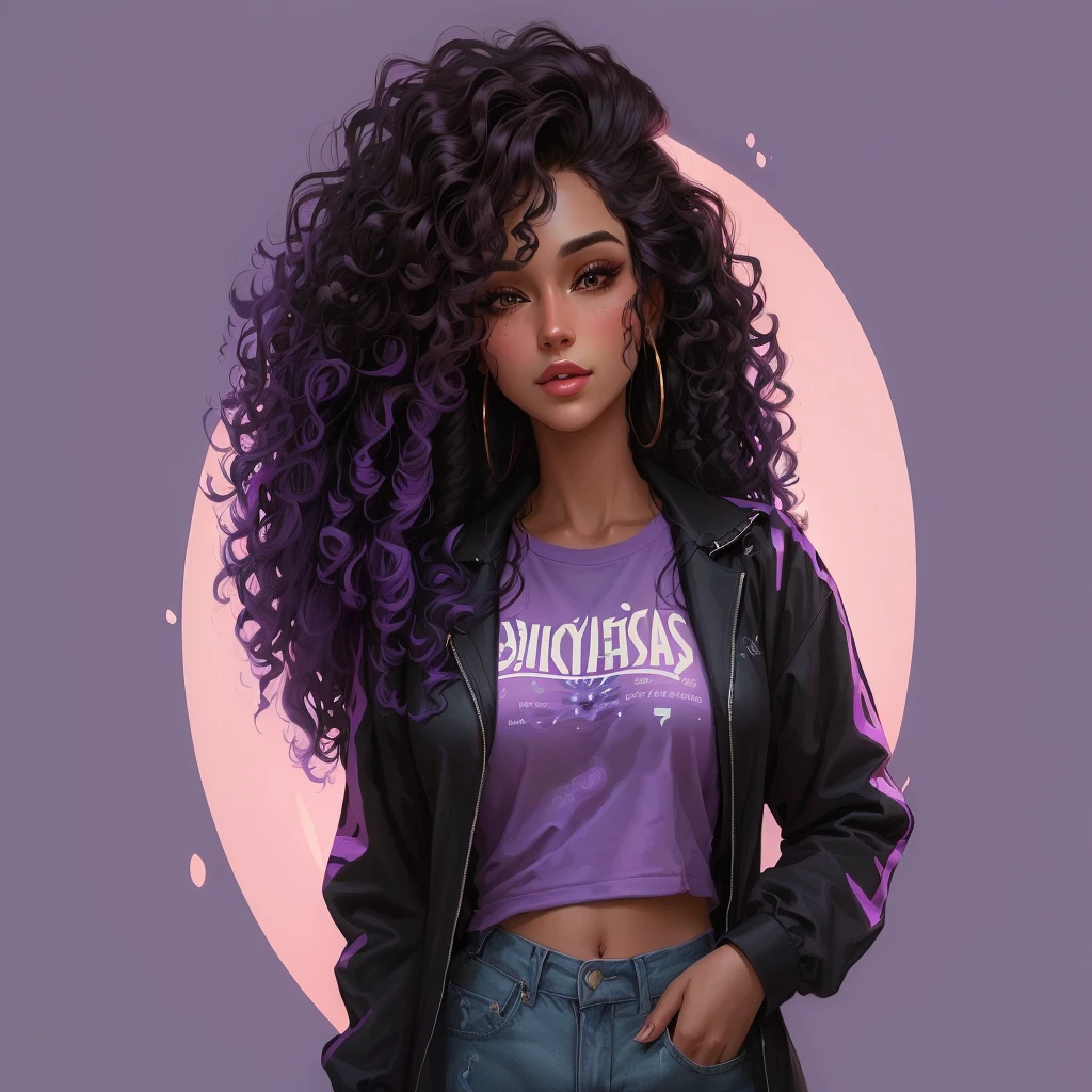 a close-up of a woman with long curly hair wearing a purple shirt, in digital illustration style, beautiful digital illustration, trends in art, cartoon style illustration, stunning digital illustration, detailed 2D illustration, epic portrait illustration, realistic illustration, stunning detailed art style, realistic digital illustration, fantastic art style, stunning art style, Detailed digital illustration