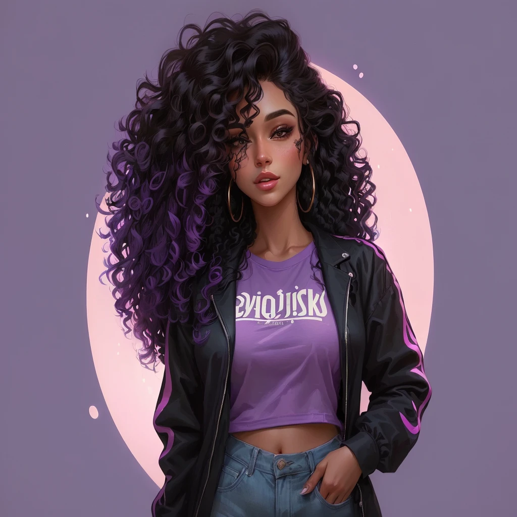 a close-up of a woman with long curly hair wearing a purple shirt, in digital illustration style, beautiful digital illustration, trends in art, cartoon style illustration, stunning digital illustration, detailed 2D illustration, epic portrait illustration, realistic illustration, stunning detailed art style, realistic digital illustration, fantastic art style, stunning art style, Detailed digital illustration