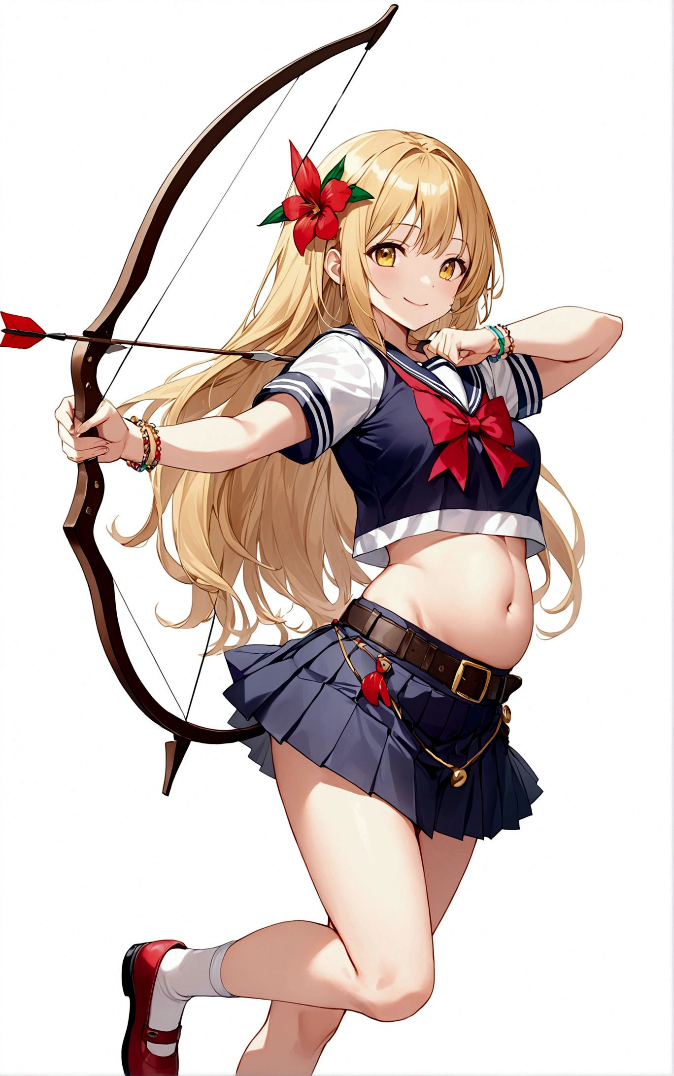 One girl, alone, Long Hair, chest, smile, skirt, Blonde, Simple Background, White Background, bow, belly button, Holding, Yellow Eyes, whole body, arms, Short sleeve, pleated skirt, Red flower hair ornament, shoes, shoes下, abdomen, belt, miniskirt, bowtie, Sailor collar, Stomach, Holding arms, bracelet, Crop top, Outstretched arms, white shoes下, bow \(arms\), Arrow \(Projectile\), loose shoes下, Holding bow \(arms\), aim, Holding Arrow, drawing bow(((He arches his back like a shrimp and shoots an arrow.)))