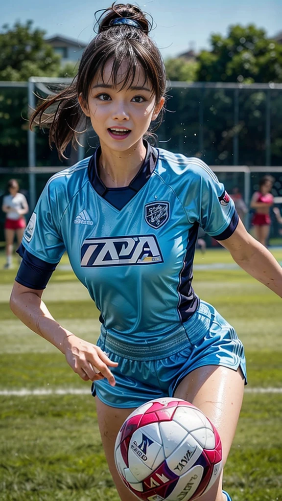 Highest quality, High resolution:1.2, Super detailed, Realistic:1.3, ((Beautiful woman))、Ultra tight uniform、Big Breasts、Vibrant colors, play soccer,((blunt bangs))、Has bangs、Wet Hair, Concentration, Splash, Action Shots, Grass blotches, Muddy ground, Wet turf, Decide, Fast-paced games, Athletic physique, Shiny soccer ball, Wet Uniform, raindrop, Blurred motion, Focus on the ball, Intense competition, Skillful dribbling, Energetic play, Teamwork, powerful shoots, Wet pitch, Passionate sports, Fierce Decide, Humid atmosphere, Fluid movement, emotional expression, Difficult conditions, Dramatic lighting, Women's Sports, Avid athletes, Exciting Games, endure, Excited state, Speed and agility, Energetic play, 濡れたSplash、smile、