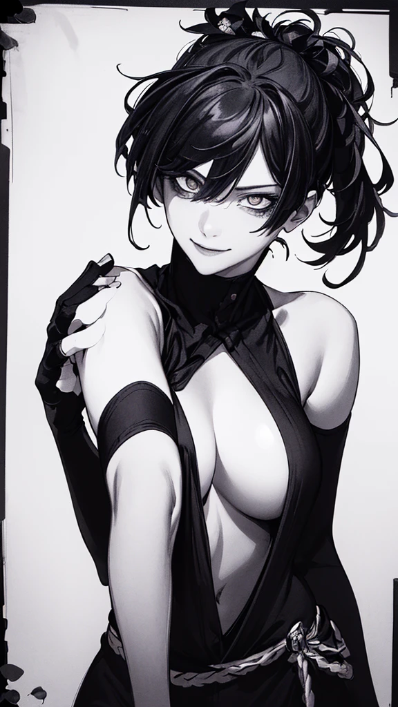Best Quality, (Background Details), High Contrast, Very Beautiful Woman, Detailed Original Illustration, Functional, Ninja, Ninja Costume, Black Hair, Delicate Face, Charm, Bad Girl, y, Real Brerazy Smile, Crazy Eyes, Black Background, (Black Background: 1.4) B&W, B&W Picture