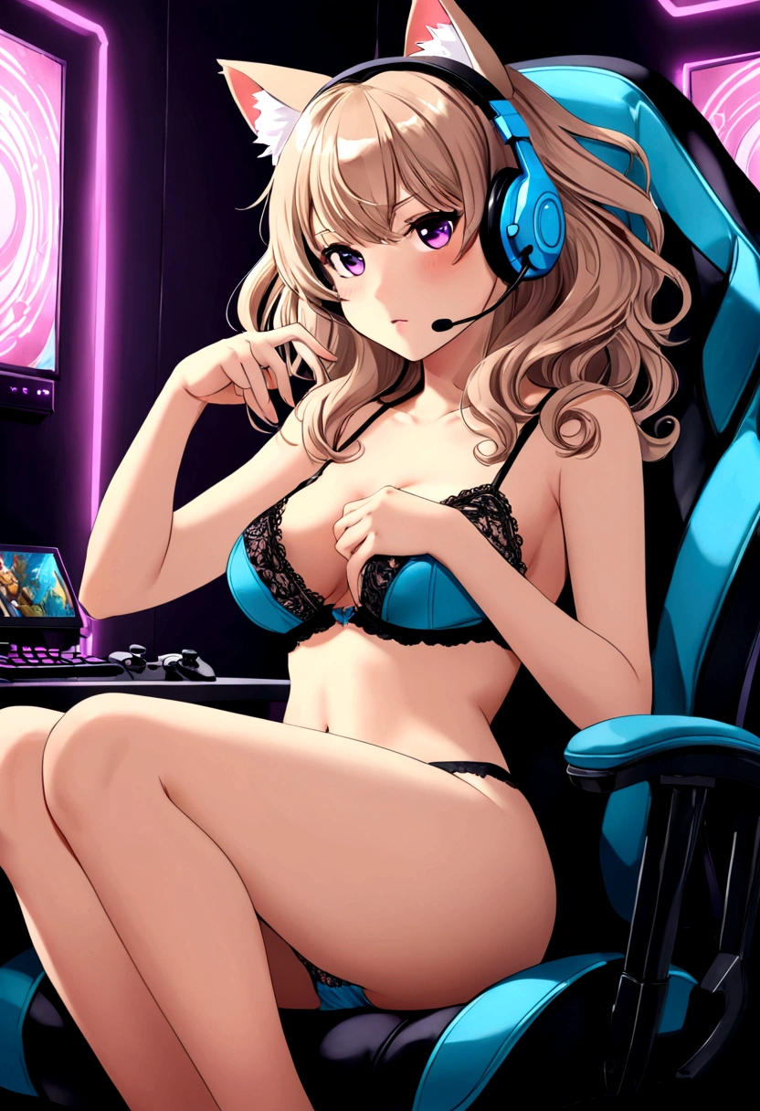 Twitch gamer girl ((@vanilopa_tik)crazy and pretty Russian (age 20) ass up bent over petting cat, cute geek, 80s big slightly curled hair, a little belly, slutty Pokémon lingerie with 2 tails (dirty or cute messages on panties and or top), cat ear headset, lewd flirting, expensive gaming chair) video controller nearby, turned to face viewer