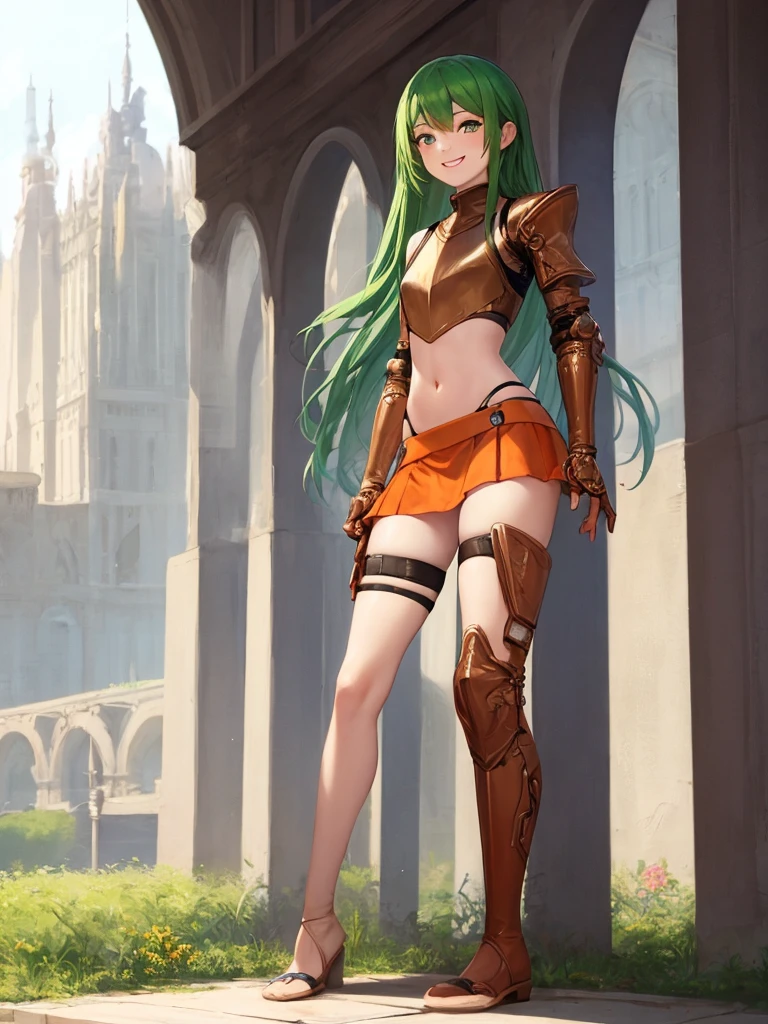 ((best quality)), ((masterpiece)), (detailed), palace, 1girl, 20 years old, full body portrait, very long green hair, beautiful green hair, smile, standing, archer, orange boots visible, orange shoes visible, orange shoes, orange tall boots, orange knee-high boots, orange knees, orange waist, orange abdomen, orange midriff, silver breastplate, silver armor shoulder guards, silver gauntlets, high-waisted short orange wrap skirt, small skirt