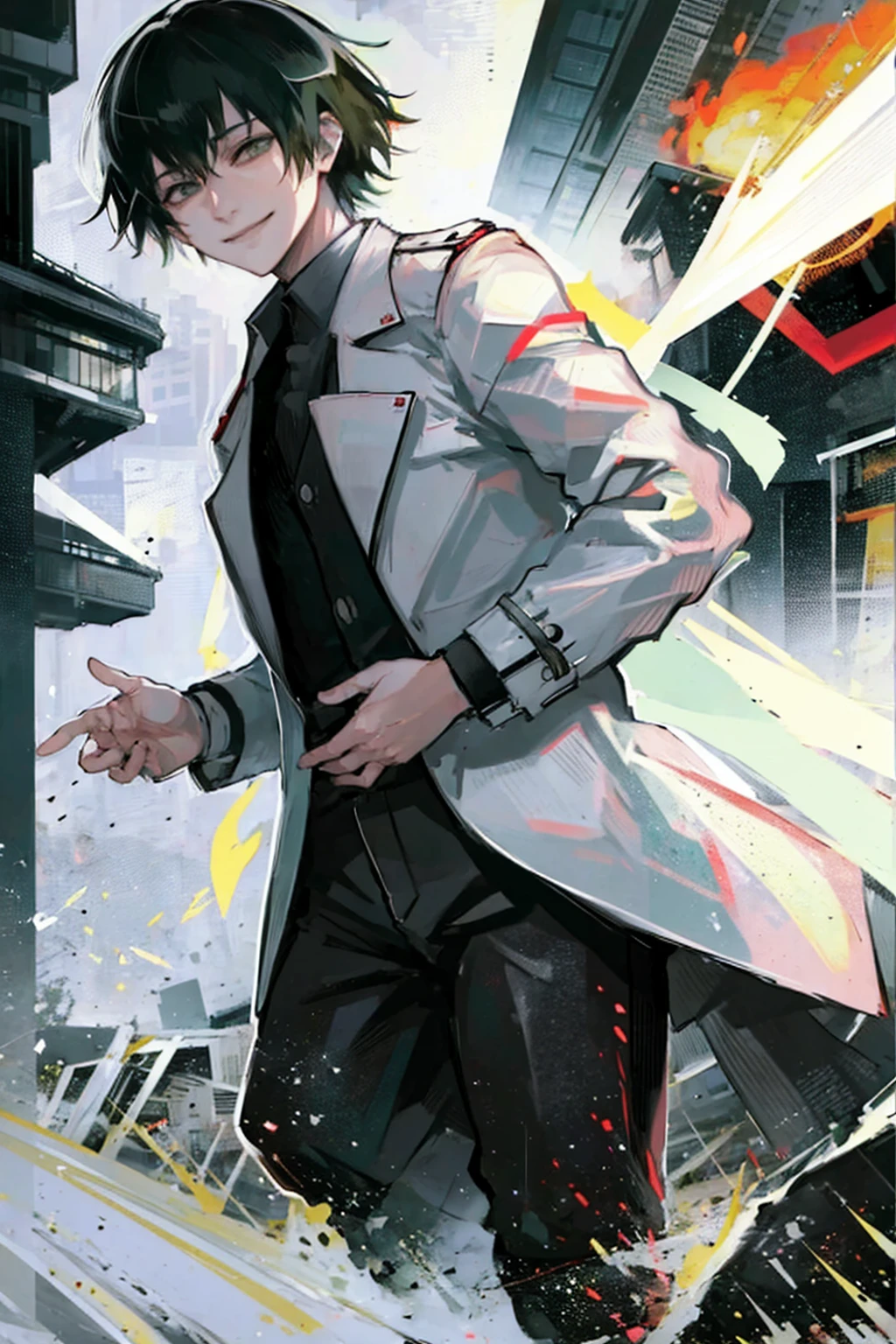 young man, black medium hair, green eyes, smiling, medium hair, wearing a pure white trench coat, wearing black pants, in one city, 4k, detailed, sui ishida art style, detailed eyes, in a sunset city
