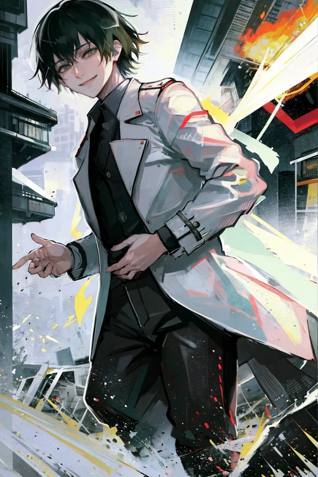 young man, black medium hair, green eyes, smiling, medium hair, wearing a pure white trench coat, wearing black pants, in one city, 4k, detailed, sui ishida art style, detailed eyes, in a sunset city