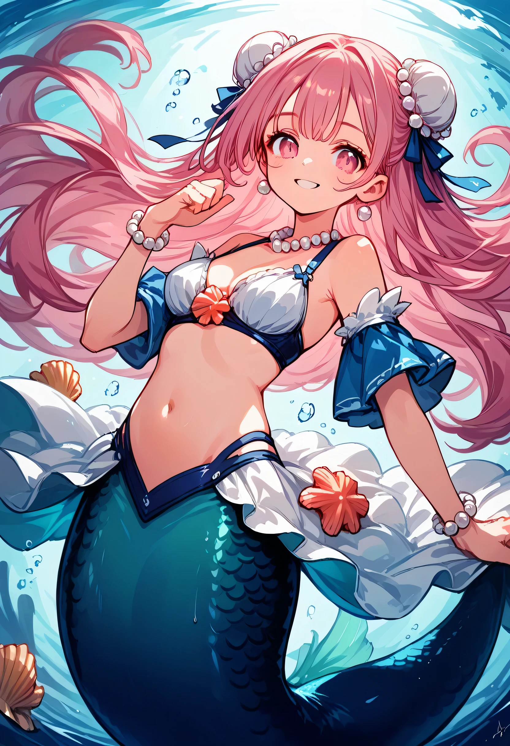 Very detailed, masterpiece, high quality, magically transformed into a mermaid、cute anthropomorphic mouse girl, Fantasy, Race change, smile, Anime Style, Long mermaid tail below waistline, pelvic and dorsal fins,(((whole bodyピンク色))),(((Seashell bra))), pearl earrings and bracelet, Pearl Necklace,masterpiece, 最high quality, High resolution, {Detailed and beautiful eyes}, finely, Detailed and beautiful eyes,1 Girl, (alone:1.5), (((Hair Ribbon:0.4)))), Pink Eyes,Cinematic Angles,perspective,(((White bun hair))),(((Long pink hair))),whole body,Kunimi Tama,