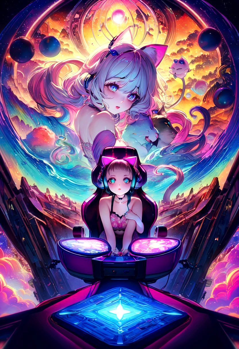 Twitch gamer girl ((@vanilopa_tik)crazy and pretty Russian (age 20) ass up bent over petting cat, cute geek, 80s big slightly curled hair, a little belly, slutty Pokémon lingerie with 2 tails (dirty or cute messages on panties and or top), cat ear headset, lewd flirting, expensive gaming chair) video controller nearby, turned to face viewer