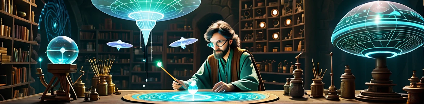 "Depict a fantastic laboratory where scientific instruments coexist with fantastik artifacts. In the foreground, a maker-wizard creating a holographic projection of an NFT artifact. Around him, miniature drones resembling fairies are flying. In the background, a large ufo is printing a magical staff. The walls are adorned with glowing runes and screens displaying code.