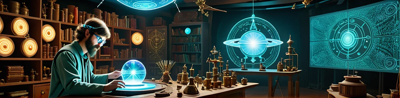 "Depict a fantastic laboratory where scientific instruments coexist with fantastik artifacts. In the foreground, a maker-wizard creating a holographic projection of an NFT artifact. Around him, miniature drones resembling fairies are flying. In the background, a large ufo is printing a magical staff. The walls are adorned with glowing runes and screens displaying code.