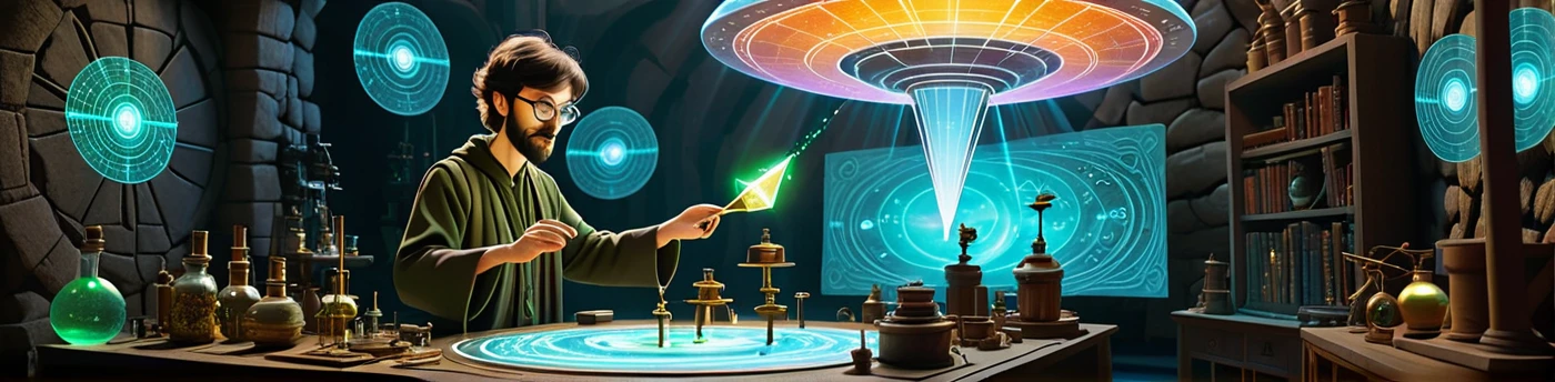 
"Depict a fantastic laboratory where scientific instruments coexist with fantastik artifacts. In the foreground, a maker-wizard creating a holographic projection of an NFT artifact. Around him, miniature drones resembling fairies are flying. In the background, a large ufo is printing a magical staff. The walls are adorned with glowing runes and screens displaying code.