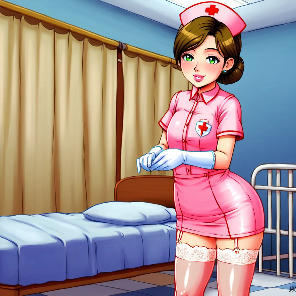 slutty floozy 1girl , solo, whore floozy sleazy lacivious nurse lingerie using pantyhoose, nurse cap, low pink wear, ((low ping legwear, zettai ryouiki)), white gloves,extremely detailed lace lingerie, drooping eyes, pink lips, smile, standing, ((hospital room)), sharp outline, short sleeves, young female, 18 years old, best quality, masterpiece painted by ilya kuvshinov, gaston bussiere, craig mullins, hajime sorayama alphonse mucha, artstation, Despite the provocative elements, the image remains tasteful, focusing on artistic expression and contrasting gothic horror vibes with vibrant paint splatters. The final product is a highly detailed, stylized oil photo, masterfully created with HDR technology and 8k resolution.
