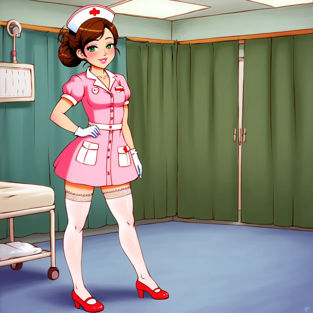 slutty floozy 1girl , solo, whore floozy sleazy lacivious nurse lingerie using pantyhoose, nurse cap, low pink wear, ((low ping legwear, zettai ryouiki)), white gloves,extremely detailed lace lingerie, drooping eyes, pink lips, smile, standing, ((hospital room)), sharp outline, short sleeves, young female, 18 years old, best quality, masterpiece painted by ilya kuvshinov, gaston bussiere, craig mullins, hajime sorayama alphonse mucha, artstation, Despite the provocative elements, the image remains tasteful, focusing on artistic expression and contrasting gothic horror vibes with vibrant paint splatters. The final product is a highly detailed, stylized oil photo, masterfully created with HDR technology and 8k resolution.
