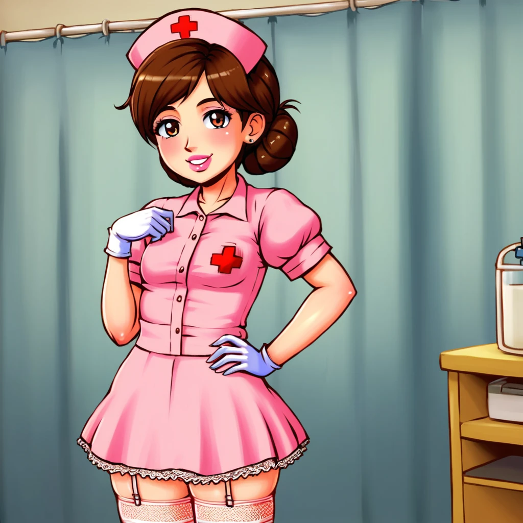 slutty floozy 1girl , solo, whore floozy sleazy lacivious nurse lingerie using pantyhoose, nurse cap, low pink wear, ((low ping legwear, zettai ryouiki)), white gloves,extremely detailed lace lingerie, drooping eyes, pink lips, smile, standing, ((hospital room)), sharp outline, short sleeves, young female, 18 years old, best quality, masterpiece painted by ilya kuvshinov, gaston bussiere, craig mullins, hajime sorayama alphonse mucha, artstation, Despite the provocative elements, the image remains tasteful, focusing on artistic expression and contrasting gothic horror vibes with vibrant paint splatters. The final product is a highly detailed, stylized oil photo, masterfully created with HDR technology and 8k resolution.
