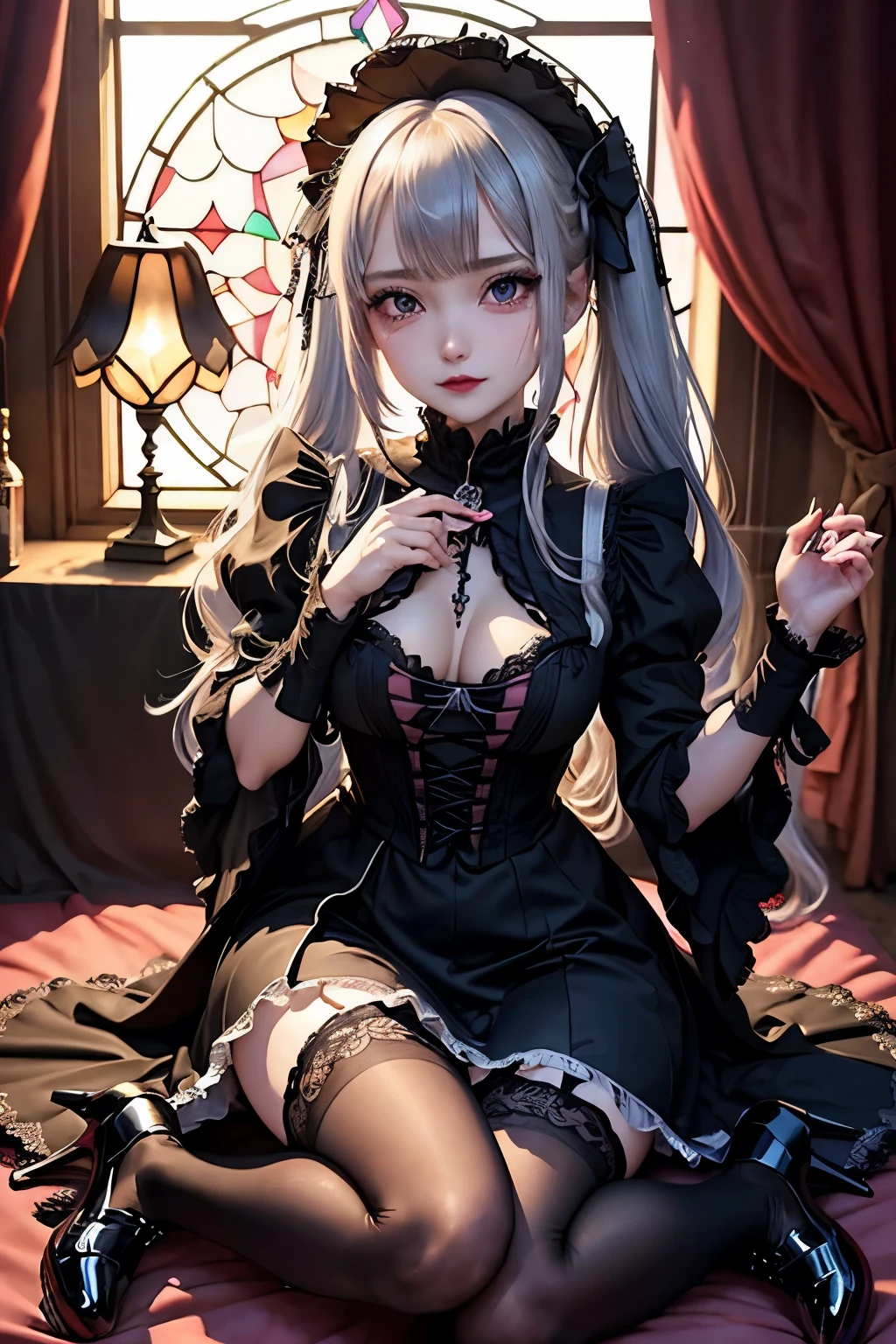 Hard Dark Gothic Makeup、Black dark eyeshadow、sad、Good skin radiance、Dark Gothicメイク、Dark smile、palace、The beauty of fragrance、24-years-old、Expression of intense sexual pleasure、Embarrassed look、Dark Gothic、Highest quality、Expression of sexual pleasure amid suffering、Drunk face、紫のMaid clotheysterious、Noble、sexy、Loving smile、Twin tail hair、Right blue eye, Left eye is red、Super tempting pose、Platform Heel Shoes、Heavy makeup、Gothic ta clothes、Silver Hair、Long Hair Straight Hair、Cute Gothic Loliress、Beautiful Face、elegant features、Attractive face、Stained glass is the background、Chest glistening with sweat、The room is dark、goth long dress、Bell Sleeves、Wizard Sleeve、Decadent look、Sexually excited expression、Glossy thighs wet with water、Thighs that are wet and shiny with oil、Background of a room full of roses、sad expression、Rose Maiden、The embroidery is pink、The dress has pink embroidery.、Thigh-high socks、Knee-high socks、Gentle expression、Dark black eyeshadow、Stained glass and rose background、thighs are a little thin、Female Duo、Female couple、dark church background、Stained glass、Black metal world、Dark Castle、Dark Room、Slender body、gothic long dress、Victorian dress、Small breasts、Hold the wine in your right hand、Hold the lantern in your left hand、pantyhose、The bed is covered with roses、Her thighs are shining with sweat、My body is wet and shiny、Lots of glitter on the thighs、sweating、My thighs are sticky from sweating、Sweat glistening on my thighs, The whole body is sweaty and shiny、I sweated a lot.、My thighs are sweaty、My thighs are wet、My thighs are shining with sweat、A lot of sweat glistening all over the body、Slender body、Put your head on the pillow、Sleeping on a bed、Beautiful legs、Sleep with your legs stretched、Lying in bed、