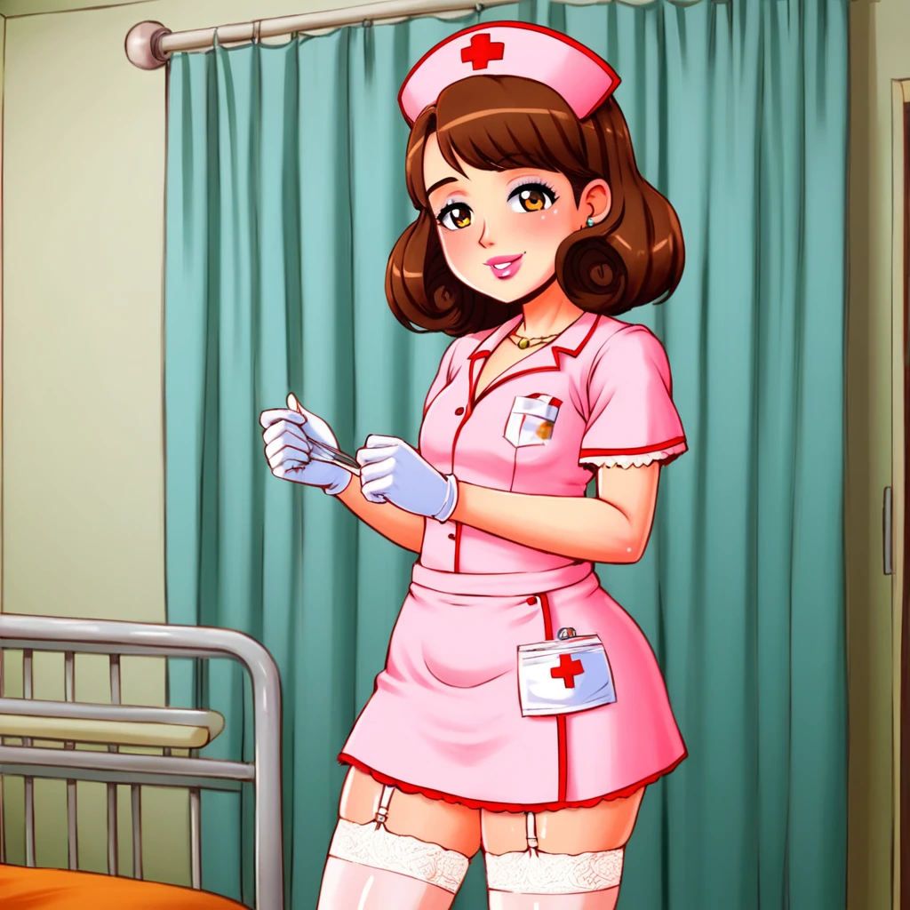 slutty floozy 1girl , solo, whore floozy sleazy lacivious nurse lingerie using pantyhoose, nurse cap, low pink wear, ((low ping legwear, zettai ryouiki)), white gloves,extremely detailed lace lingerie, drooping eyes, pink lips, smile, standing, ((hospital room)), sharp outline, short sleeves, young female, 18 years old, best quality, masterpiece painted by ilya kuvshinov, gaston bussiere, craig mullins, hajime sorayama alphonse mucha, artstation, Despite the provocative elements, the image remains tasteful, focusing on artistic expression and contrasting gothic horror vibes with vibrant paint splatters. The final product is a highly detailed, stylized oil photo, masterfully created with HDR technology and 8k resolution.
