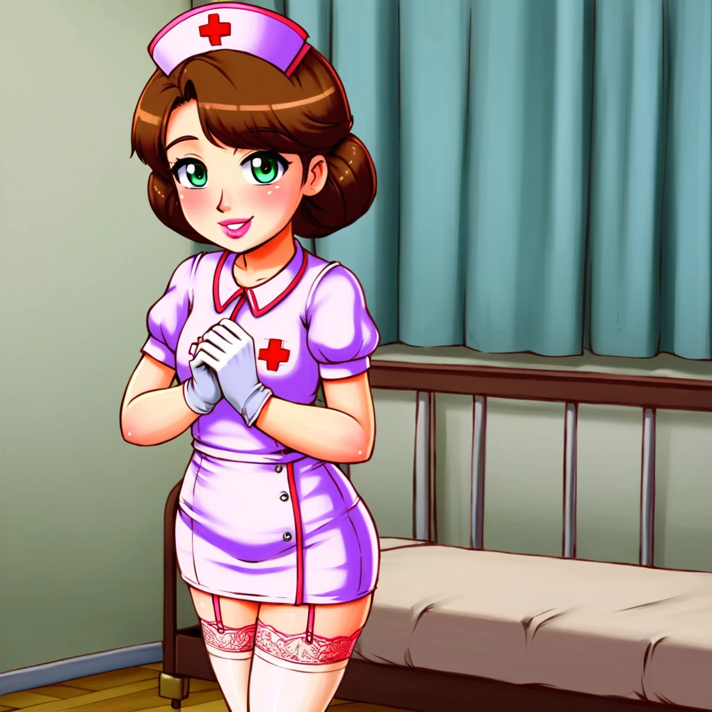 slutty floozy 1girl , solo, whore floozy sleazy lacivious nurse lingerie using pantyhoose, nurse cap, low pink wear, ((low ping legwear, zettai ryouiki)), white gloves,extremely detailed lace lingerie, drooping eyes, pink lips, smile, standing, ((hospital room)), sharp outline, short sleeves, young female, 18 years old, best quality, masterpiece painted by ilya kuvshinov, gaston bussiere, craig mullins, hajime sorayama alphonse mucha, artstation, Despite the provocative elements, the image remains tasteful, focusing on artistic expression and contrasting gothic horror vibes with vibrant paint splatters. The final product is a highly detailed, stylized oil photo, masterfully created with HDR technology and 8k resolution.
