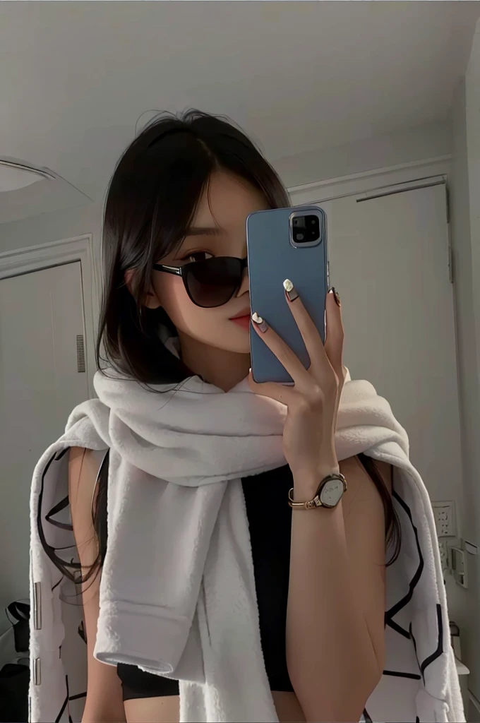 A woman wearing sunglasses and a white towel is taking a selfie, Wear sunglasses, Wear sunglasseses, Sunglasses and scarf, Gemma Chan, User Photos, Wearing a towel, Check her phone, open, wearing versace sunglasses, Kim Tae-jun, Ion Andreescu (Ion Andreescu) of inspiration, wearing facemask and sunglasses, 2 4-year-old female model, She's wearing street clothes