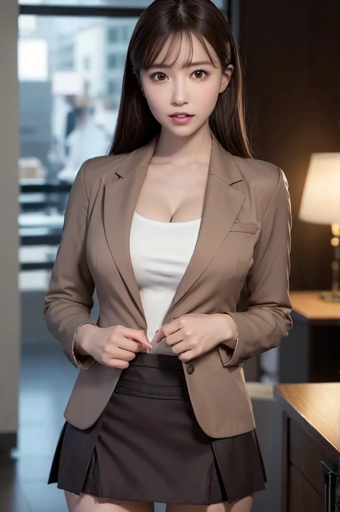 ((8K)), (RAW photo), (Realistic), (photo-realistic), ultra high resolution, masterpiece, highest quality, perfect lighting, professional lighting, detailed lighting, dramatic shadow, ray tracing, (((sharp focus))), 1 Japanese beautiful lady, 30 years old, cleavage, slender body type, beautiful detailed brown eyes, medium breasts, big thick thighs, medium messy hair, light brown hair, half open mouth, looking at viewer, ((business jacket:1.5)), ((business tight skirt:1.5)), in office, ((whole body shot)), night, (intense ecstasy:1.5),